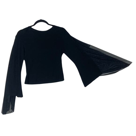 Vintage CASTING Paris Top~M~L FRANCE Y2K Black Bell-Flare-Sl Sheer-Panel Crochet - Picture 2 of 7